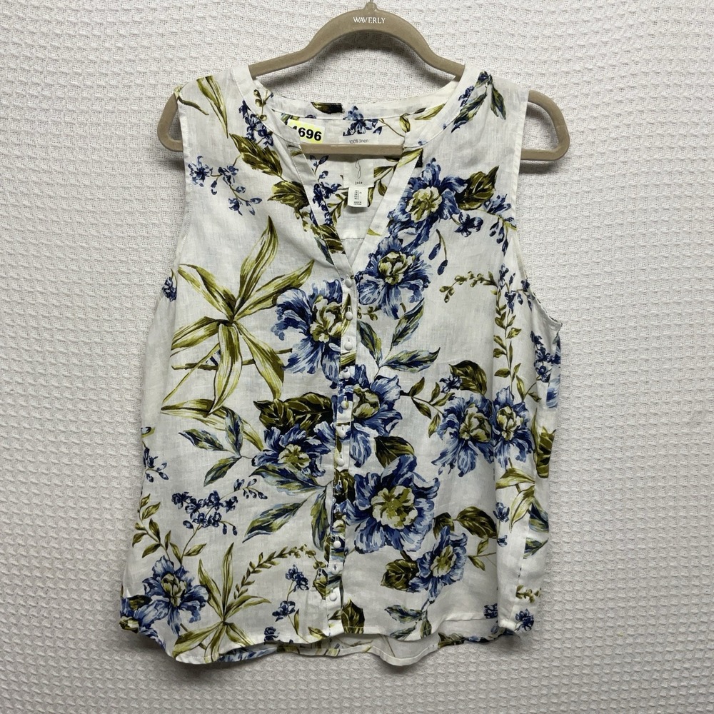 Joie 100% Linen Sleeveless Button Down Blouse White Blue Floral Women's Size L